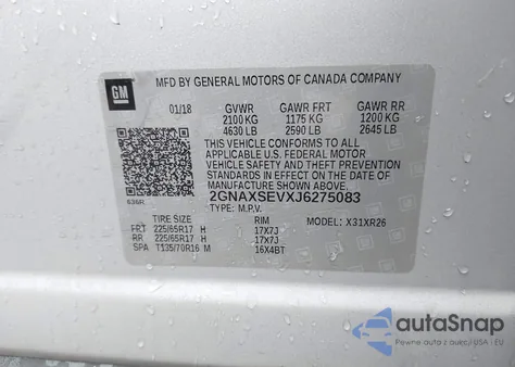 2018 Chevrolet Equinox Lt z USA, uszkodzony, nr VIN 2GNAXSEVXJ6275083